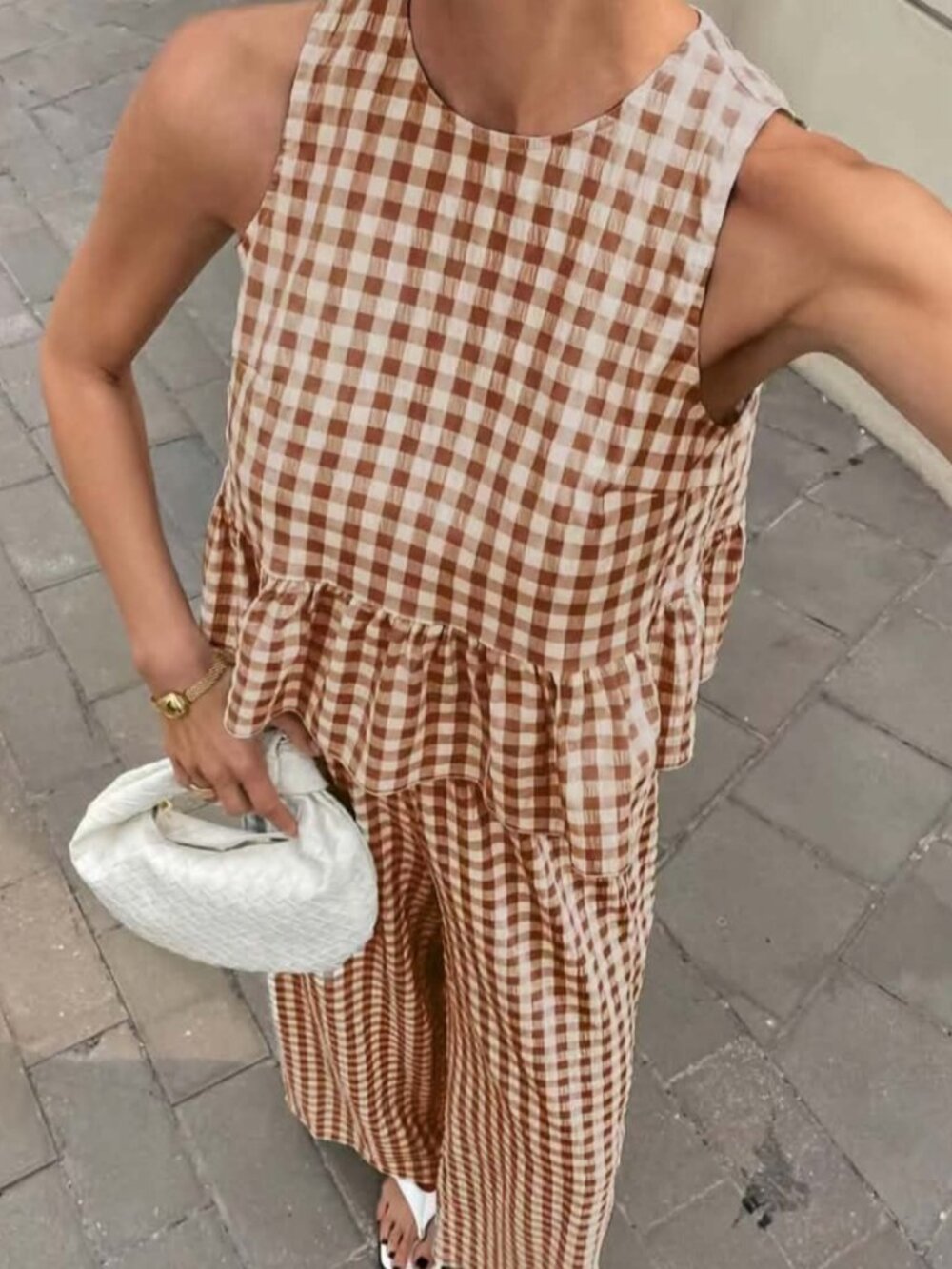 Brown gingham kit (blouse and pants) S